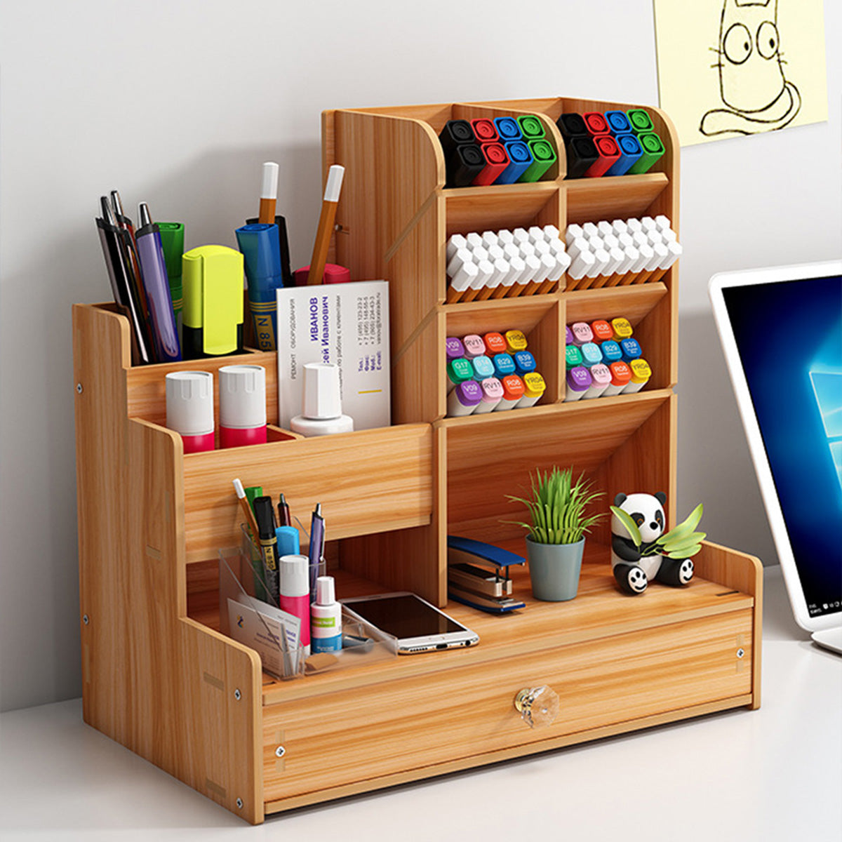 Wooden Pen Holder MultiScene Student Stationery Storage Shelf Drawer For Study Rooms And Offices 3