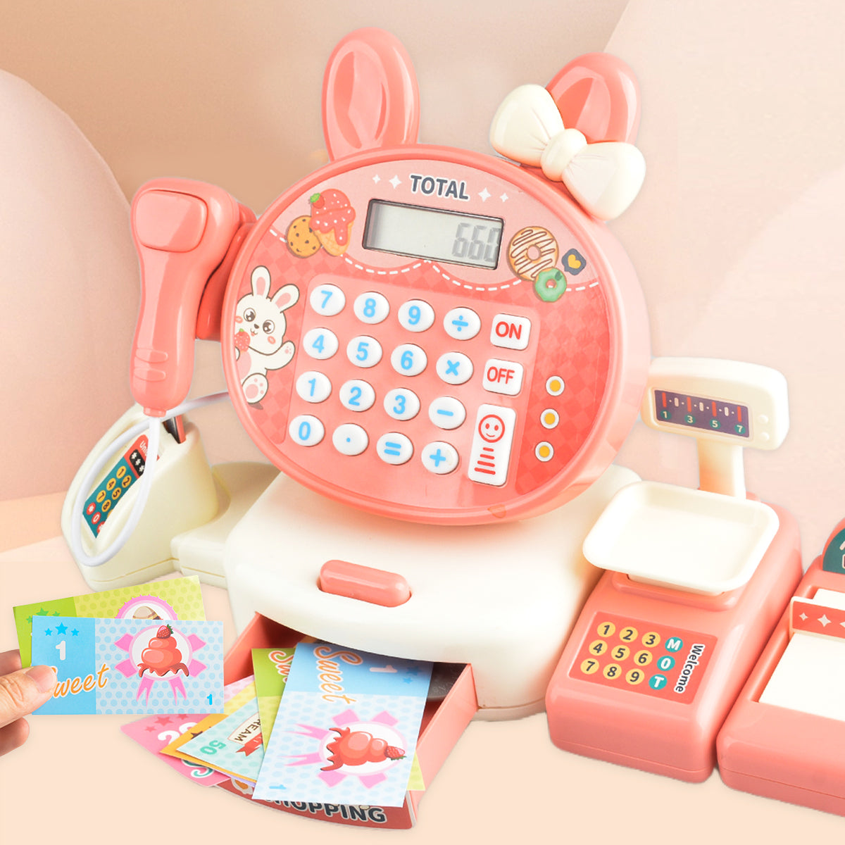Supermarket Simulation Toy Cash Register Set, Shopping Computer with Sound Effects, Calculator and Rich Accessories