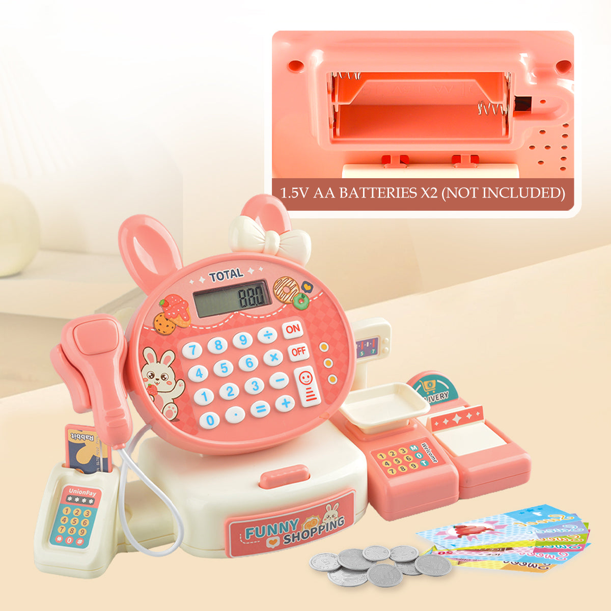 Supermarket Simulation Toy Cash Register Set, Shopping Computer with Sound Effects, Calculator and Rich Accessories
