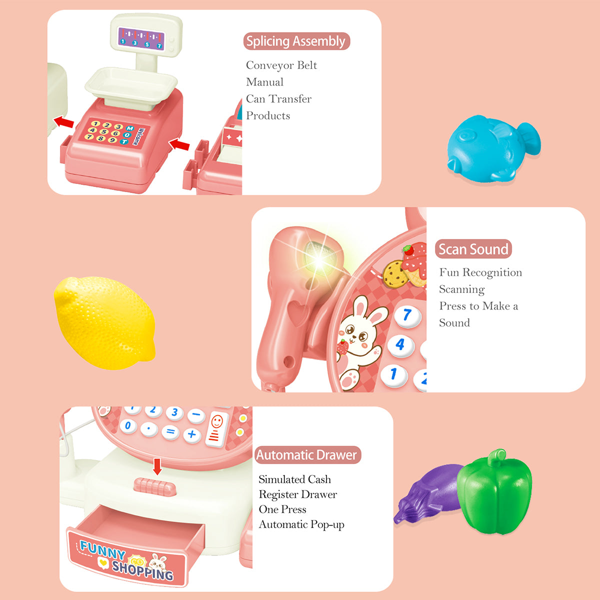 Supermarket Simulation Toy Cash Register Set, Shopping Computer with Sound Effects, Calculator and Rich Accessories