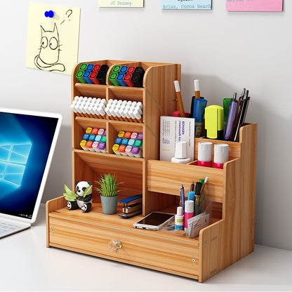 Makeup Storage Box Wooden Pen Holder Stationery Storage Drawer Multi Functional Desk Organizer 1