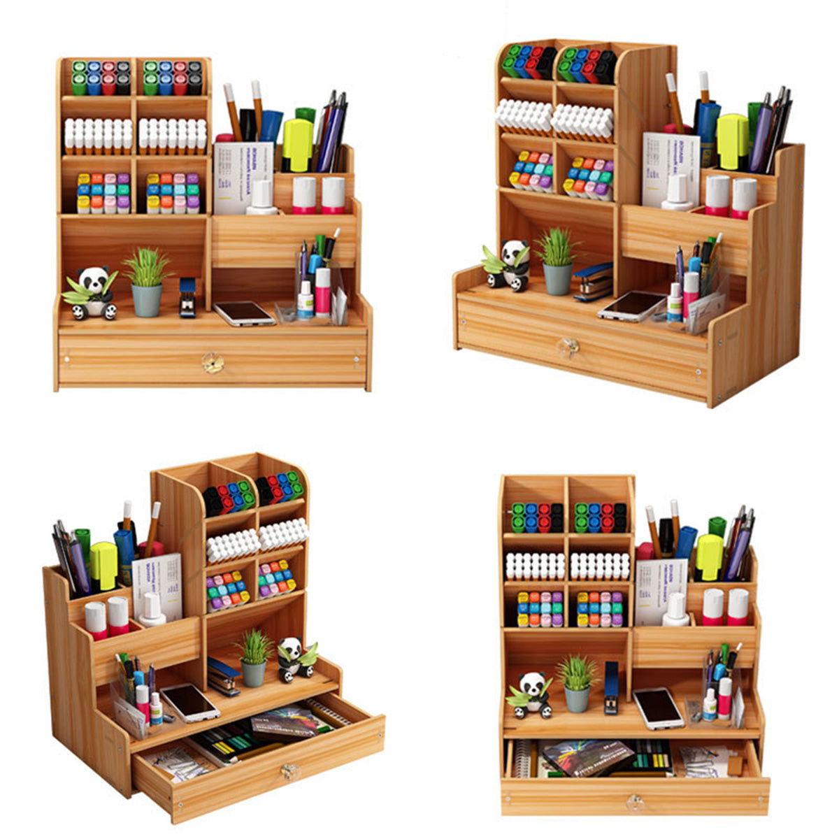 Makeup Storage Box Wooden Pen Holder Stationery Storage Drawer Multi Functional Desk Organizer 2