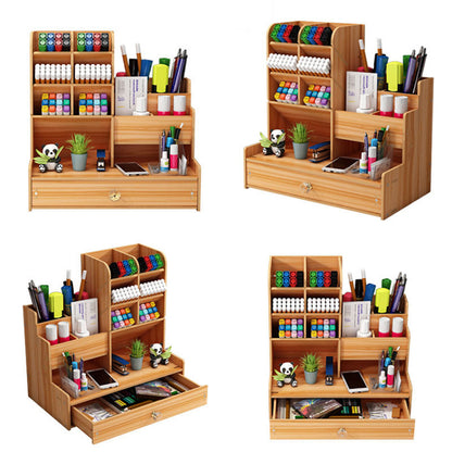 Makeup Storage Box Wooden Pen Holder Stationery Storage Drawer Multi Functional Desk Organizer 2