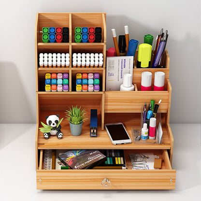Makeup Storage Box Wooden Pen Holder Stationery Storage Drawer Multi Functional Desk Organizer 4