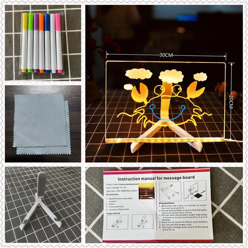LED Transparent Magic Board For Kids Luminous Acrylic Drawing Note Board With Stand Educational DIY 8