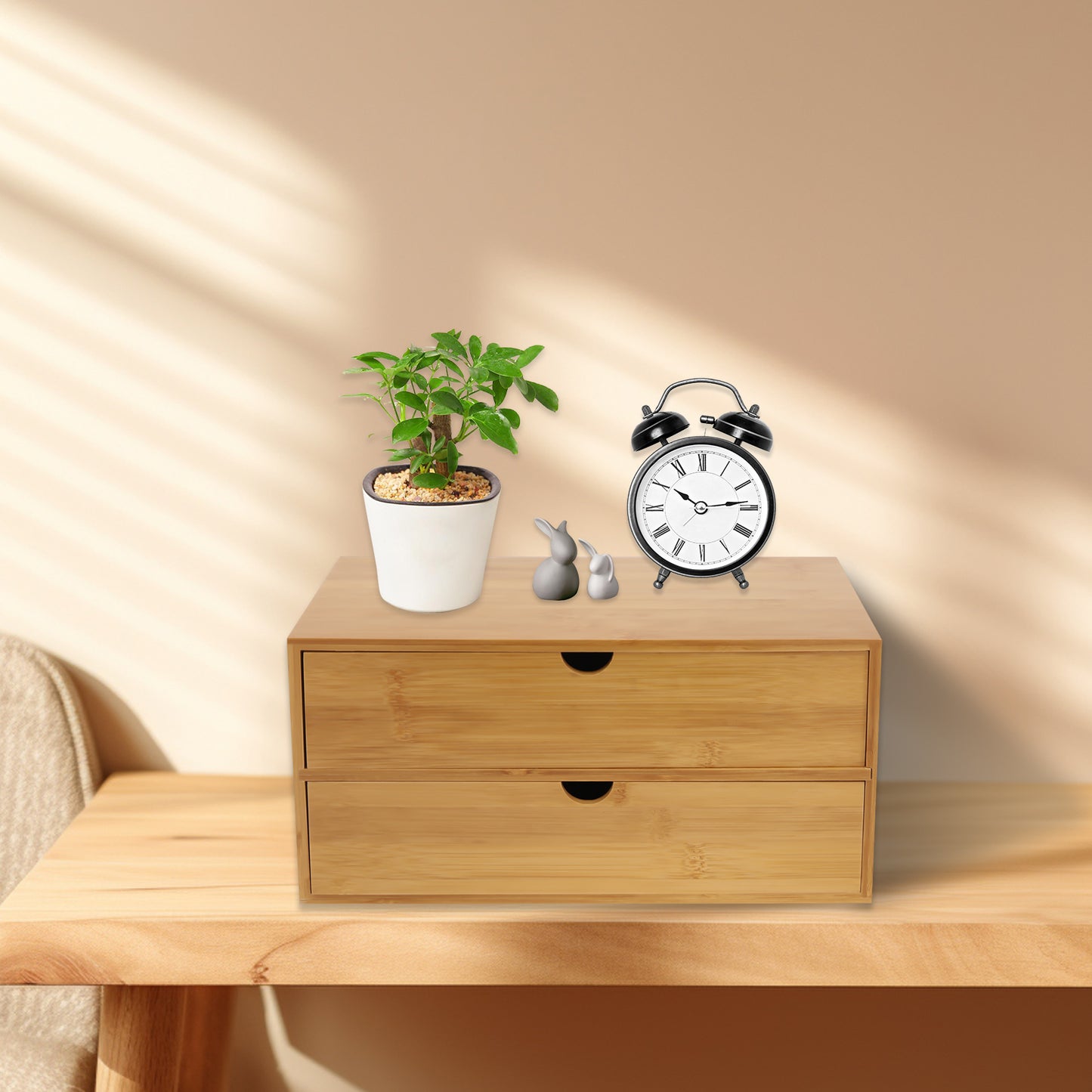 Natural Wood Desk Storage Tray, Bamboo Desktop Organizer with 2 Drawers for Office Home, Minimalist Style