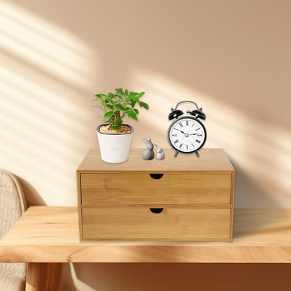 Natural Wood Desk Storage Tray, Bamboo Desktop Organizer with 2 Drawers for Office Home, Minimalist Style