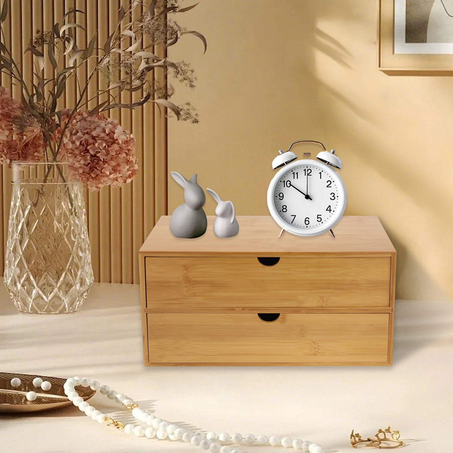 Natural Wood Desk Storage Tray Bamboo Desktop Organizer With 2 Drawers For Office Home Minimalist S 4