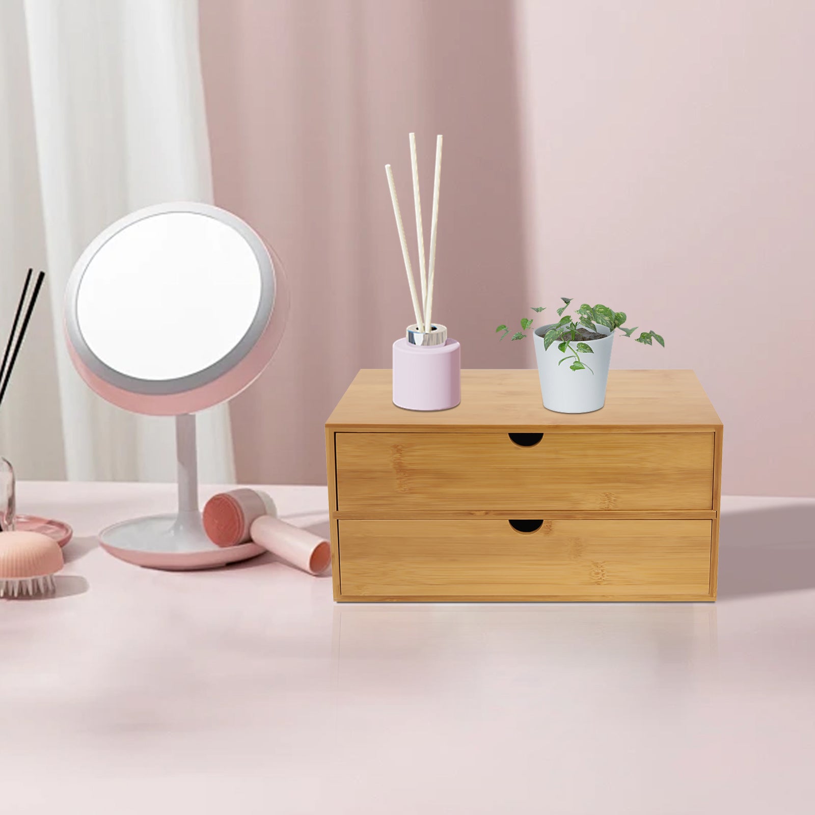 Natural Wood Desk Storage Tray Bamboo Desktop Organizer With 2 Drawers For Office Home Minimalist S 5
