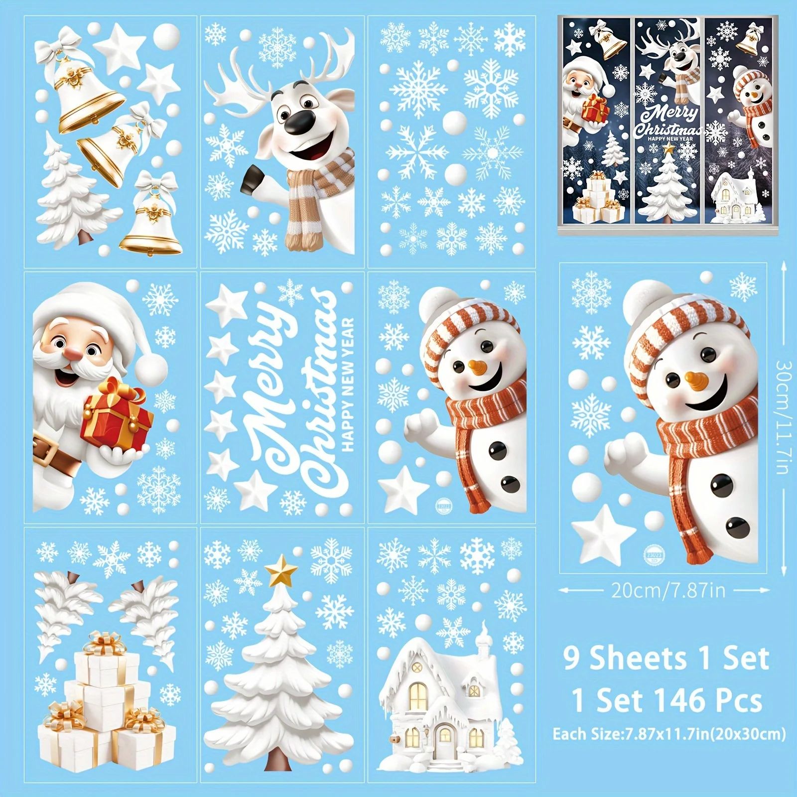 Festive DoubleSided Christmas Window Clings  9 Sheets Reusable PVC Stickers With Santa Snowman  Hol 2