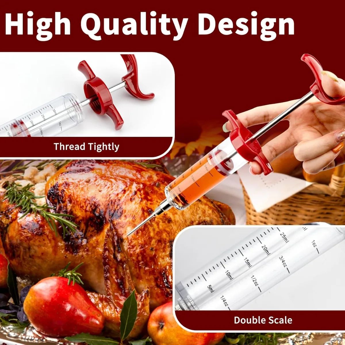Premium Stainless Steel BBQ Meat Injector  BBQ Marinade Syringe Kit  3Needle Flavor Infusion Tool 5
