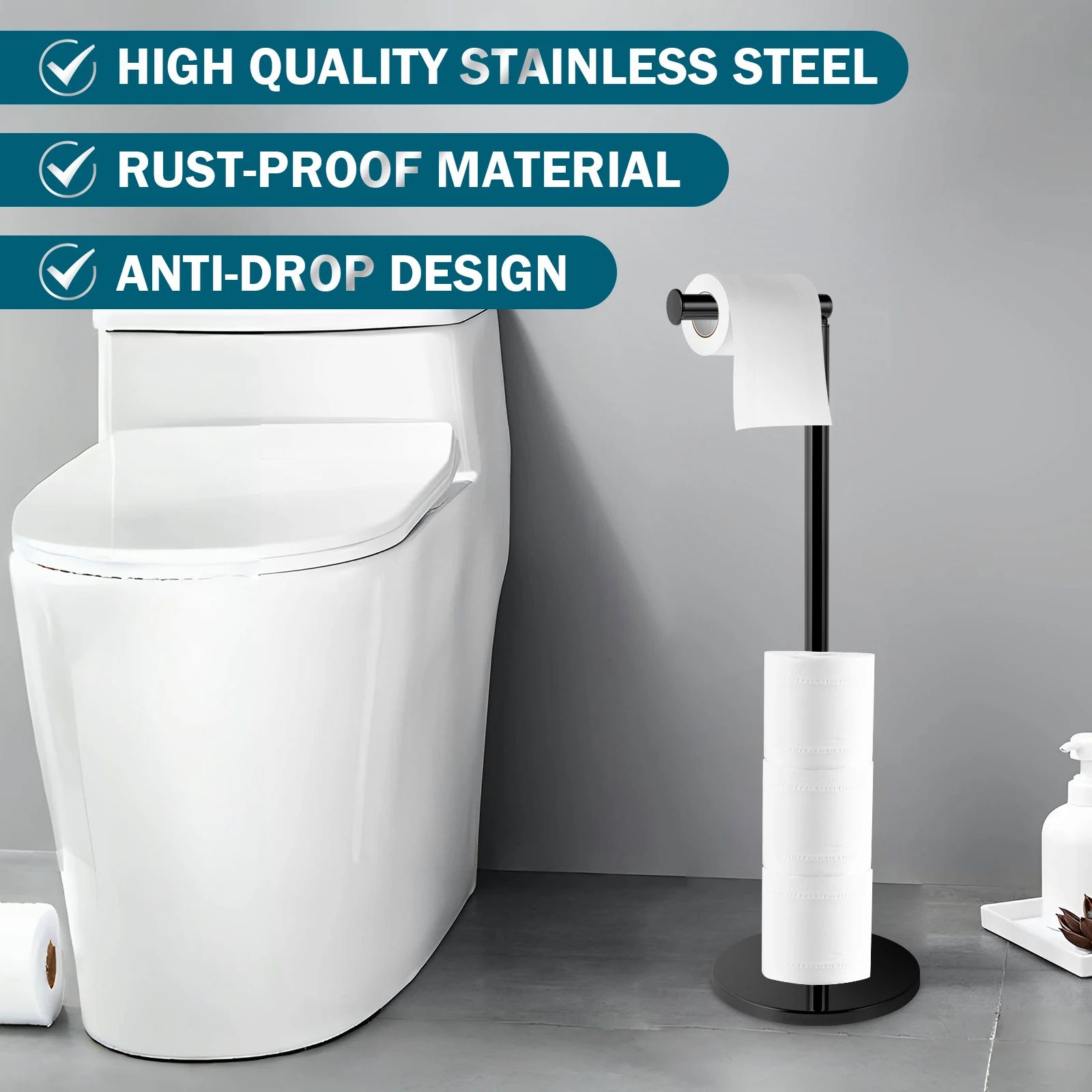 Stainless Steel Floor-Mounted Paper Towel & Toilet Paper Holder – Single Pole Bathroom & Kitchen Standing Storage Rack