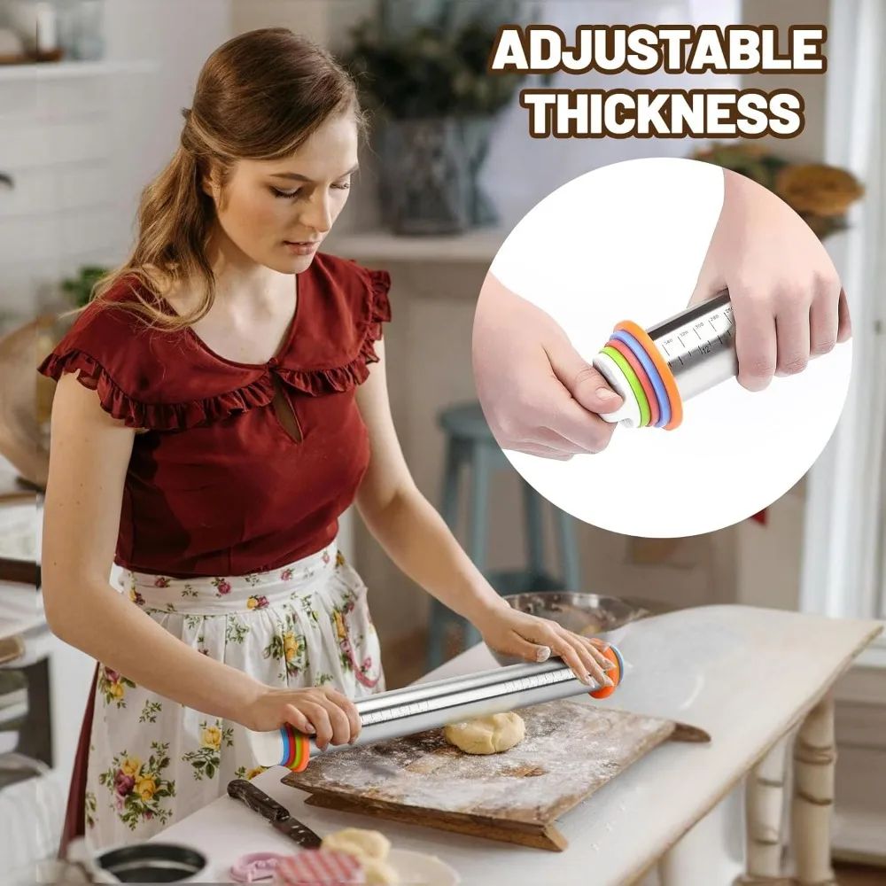 Premium Stainless Steel Adjustable Rolling Pin  Silicone Baking Mat Set  Precision Dough Roller For 2