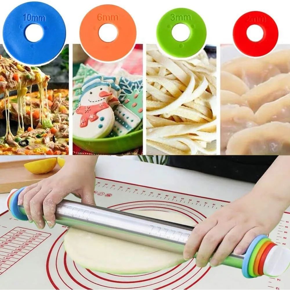 Premium Stainless Steel Adjustable Rolling Pin  Silicone Baking Mat Set  Precision Dough Roller For 3