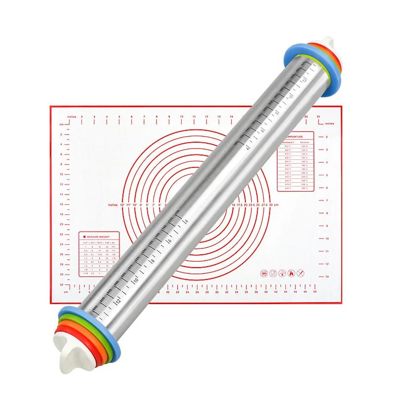 Premium Stainless Steel Adjustable Rolling Pin  Silicone Baking Mat Set  Precision Dough Roller For 7