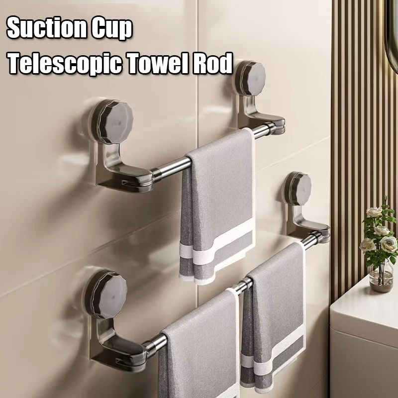 Retractable Suction Cup Towel Bar – 30–60cm / 50–100cm Adjustable Non-Perforated Wall-Mounted Single Rod Rack for Kitche