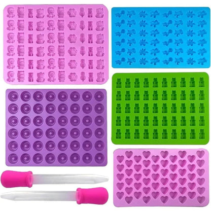 Premium 7-Piece Silicone Candy Molds & Gummy Molds Set with Droppers - Reusable Food-Grade Baking Trays