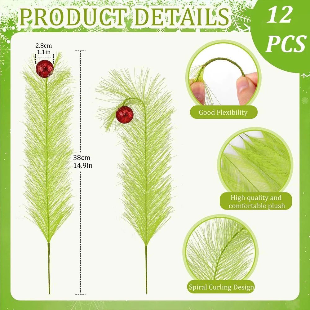 Luxe Curly Green  Red Ornament Holiday Stem Sprays  12Piece Christmas Tree Picks Set For Festive De 3