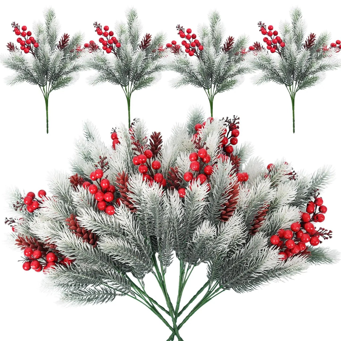Festive Evergreen Holly & Pine Berry Holiday Table Decor – Set of 2 Artificial Christmas Greenery Picks