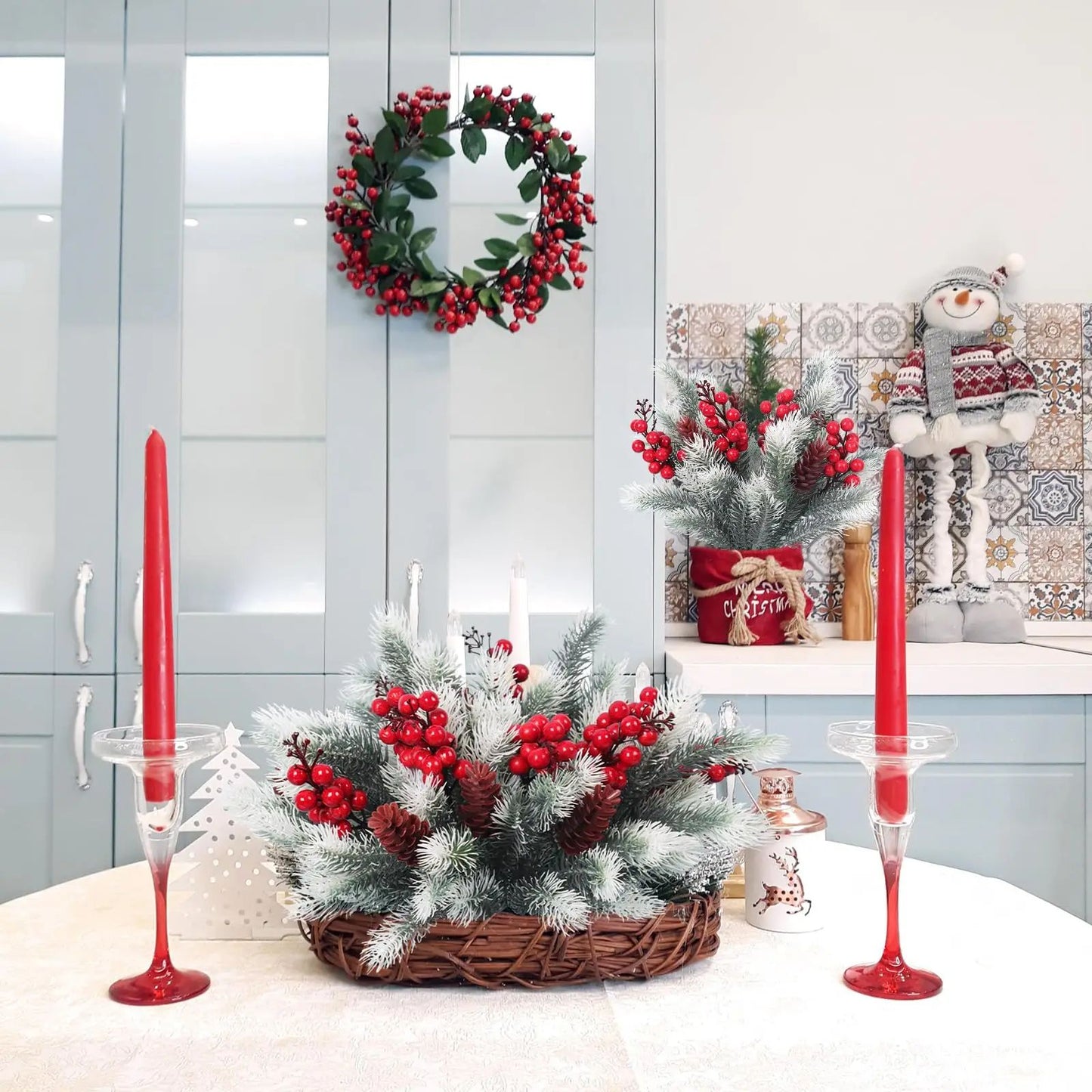 Festive Evergreen Holly  Pine Berry Holiday Table Decor  Set Of 2 Artificial Christmas Greenery Pic 3
