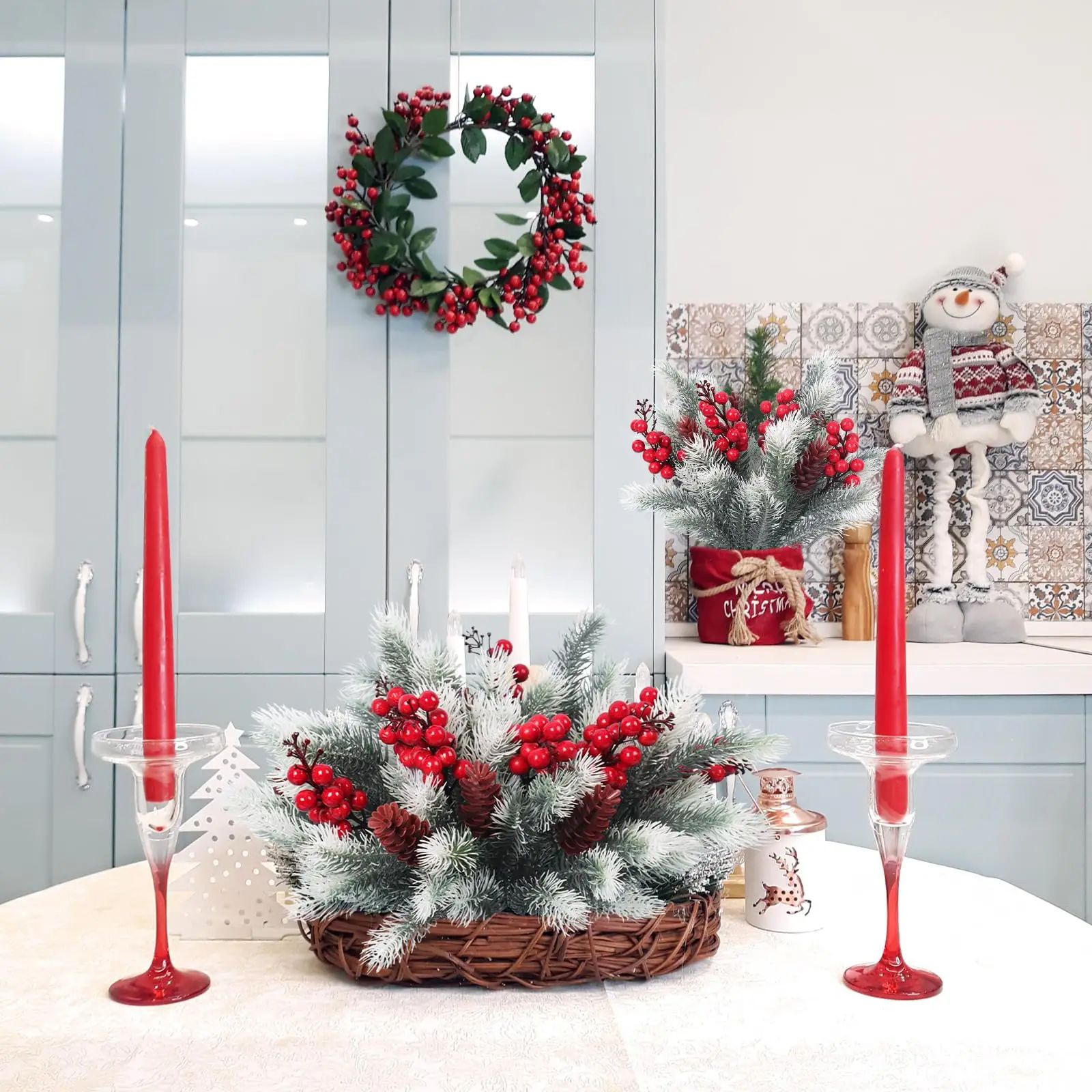 Festive Evergreen Holly  Pine Berry Holiday Table Decor  Set Of 2 Artificial Christmas Greenery Pic 3