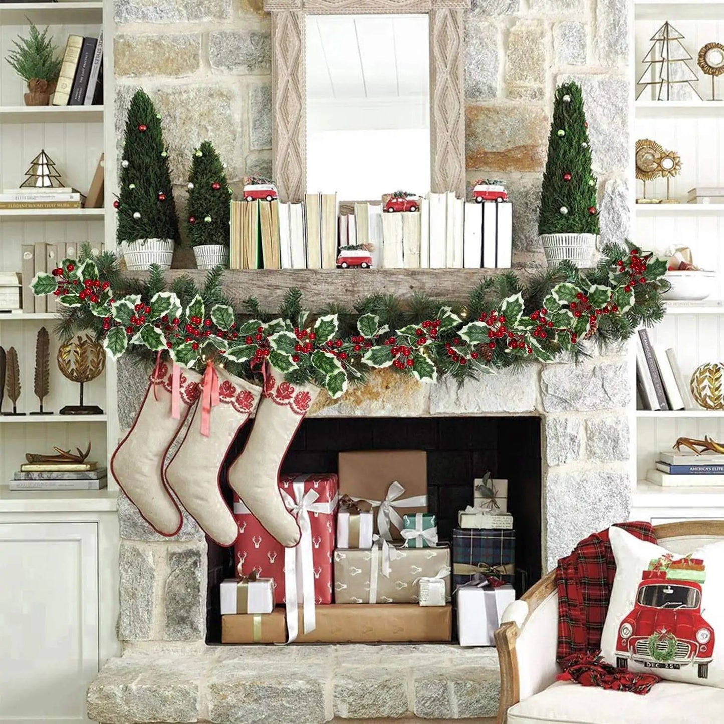 Premium Christmas Red Berry Holly Garland  Lifelike Holiday Decor For Mantels Tables  Doorways 4