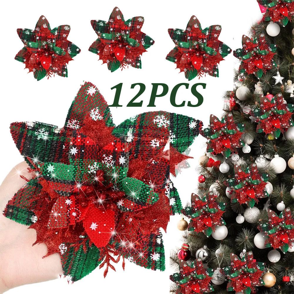 Festive Elegance 12-Piece Artificial Poinsettia Christmas Flower Set - Glitter Clip-On Ornaments for Tree, Wreath & DIY