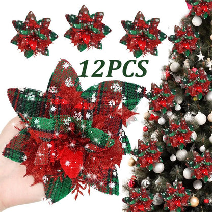 Festive Elegance 12-Piece Artificial Poinsettia Christmas Flower Set - Glitter Clip-On Ornaments for Tree, Wreath & DIY