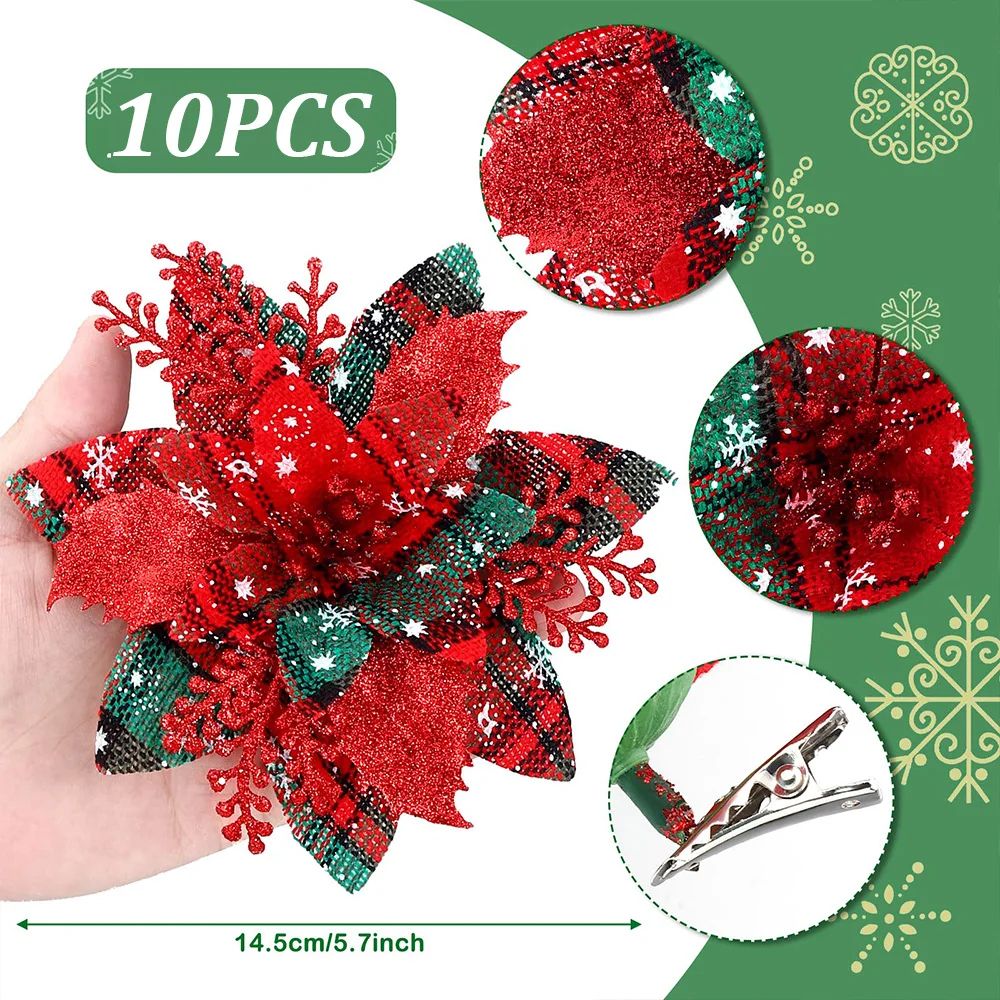 Festive Elegance 12Piece Artificial Poinsettia Christmas Flower Set  Glitter ClipOn Ornaments For T 3