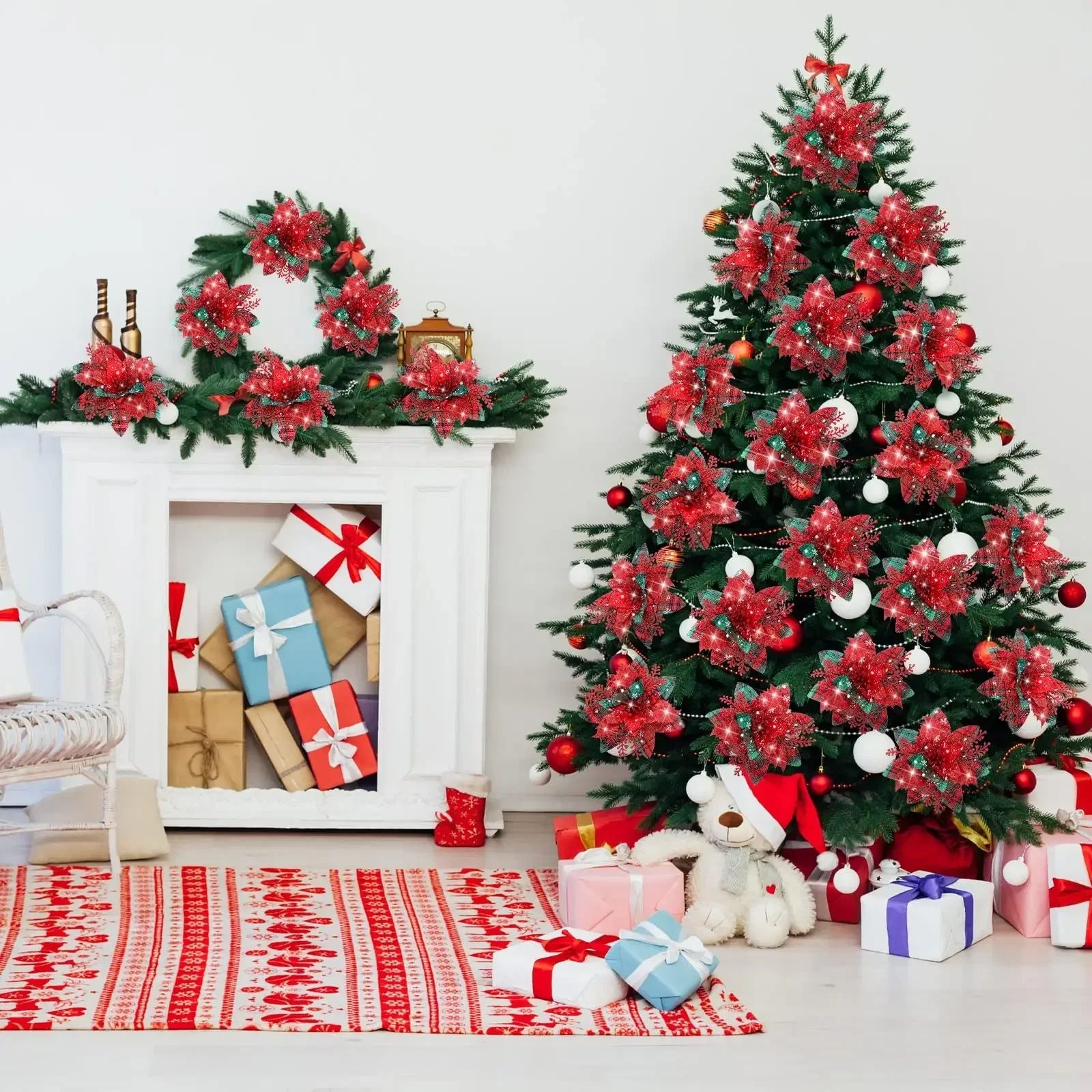 Festive Elegance 12Piece Artificial Poinsettia Christmas Flower Set  Glitter ClipOn Ornaments For T 4