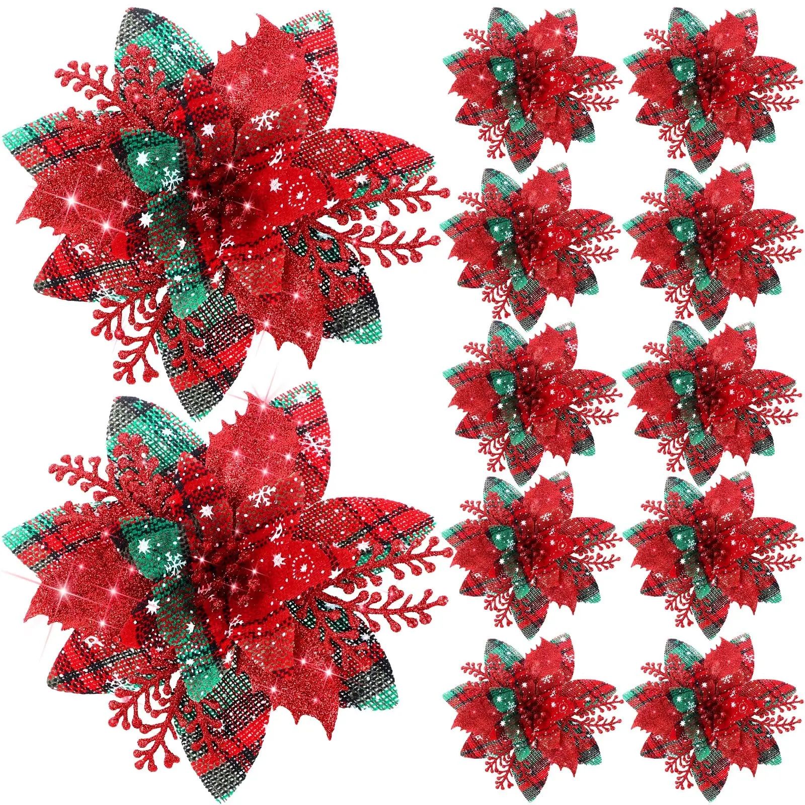 Festive Elegance 12Piece Artificial Poinsettia Christmas Flower Set  Glitter ClipOn Ornaments For T 7