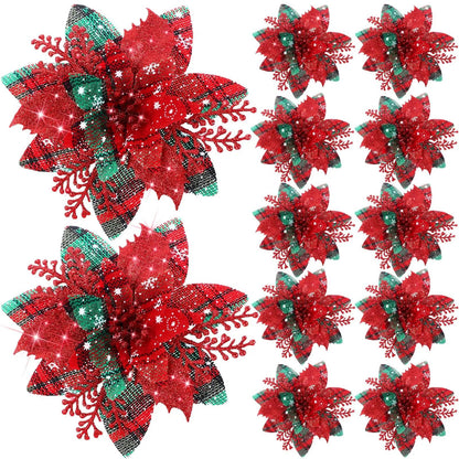 Festive Elegance 12Piece Artificial Poinsettia Christmas Flower Set  Glitter ClipOn Ornaments For T 7