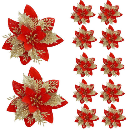 Festive Elegance 12Piece Artificial Poinsettia Christmas Flower Set  Glitter ClipOn Ornaments For T 8