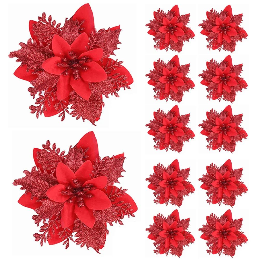 Festive Elegance 12Piece Artificial Poinsettia Christmas Flower Set  Glitter ClipOn Ornaments For T 9