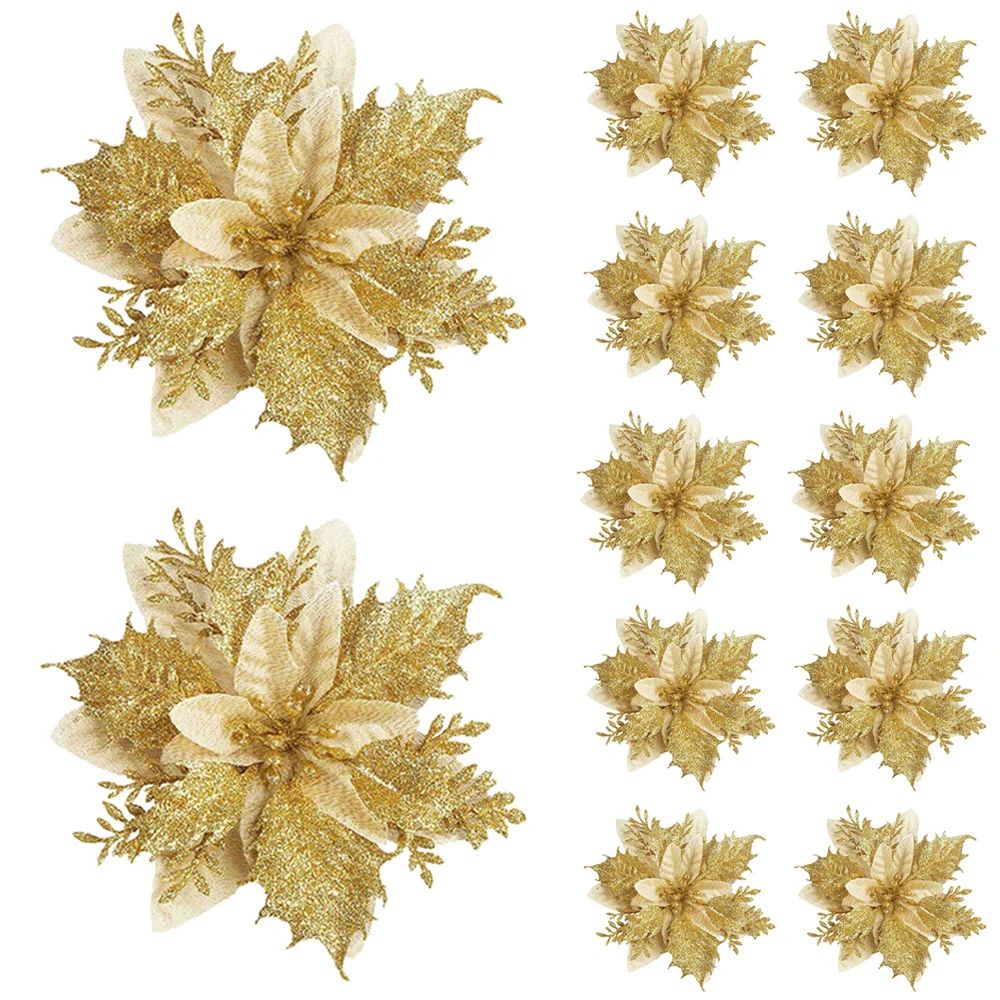 Festive Elegance 12Piece Artificial Poinsettia Christmas Flower Set  Glitter ClipOn Ornaments For T 10