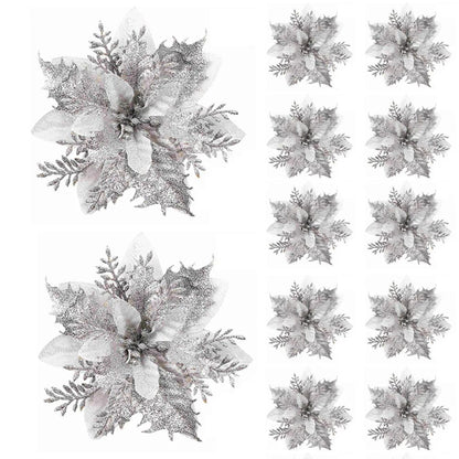 Festive Elegance 12Piece Artificial Poinsettia Christmas Flower Set  Glitter ClipOn Ornaments For T 6