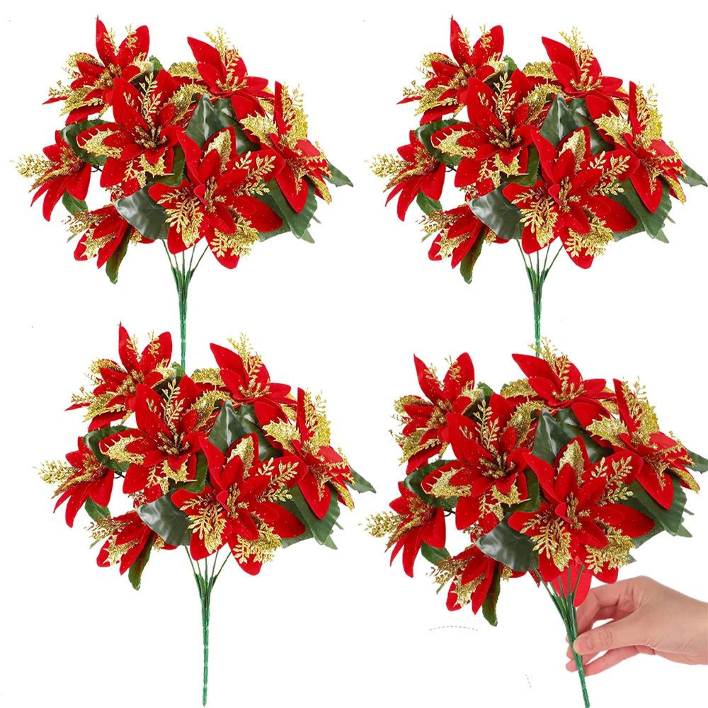Festive Poinsettia Glitter Flower Bouquet – Premium Artificial Christmas Flowers for Holiday Home & Tree Decor