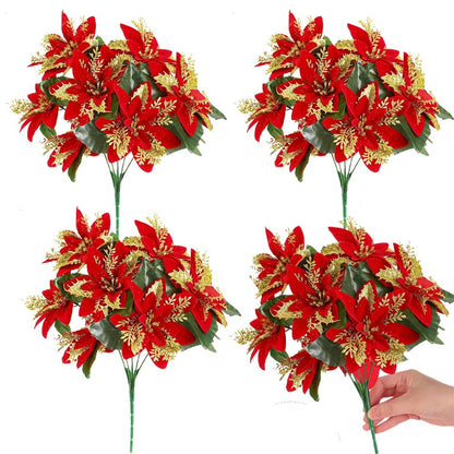 Festive Poinsettia Glitter Flower Bouquet – Premium Artificial Christmas Flowers for Holiday Home & Tree Decor