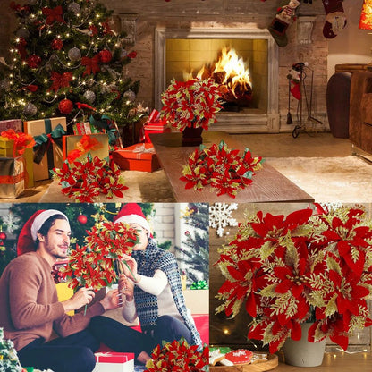 Festive Poinsettia Glitter Flower Bouquet  Premium Artificial Christmas Flowers For Holiday Home  T 3