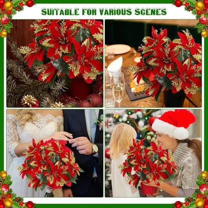 Festive Poinsettia Glitter Flower Bouquet  Premium Artificial Christmas Flowers For Holiday Home  T 4