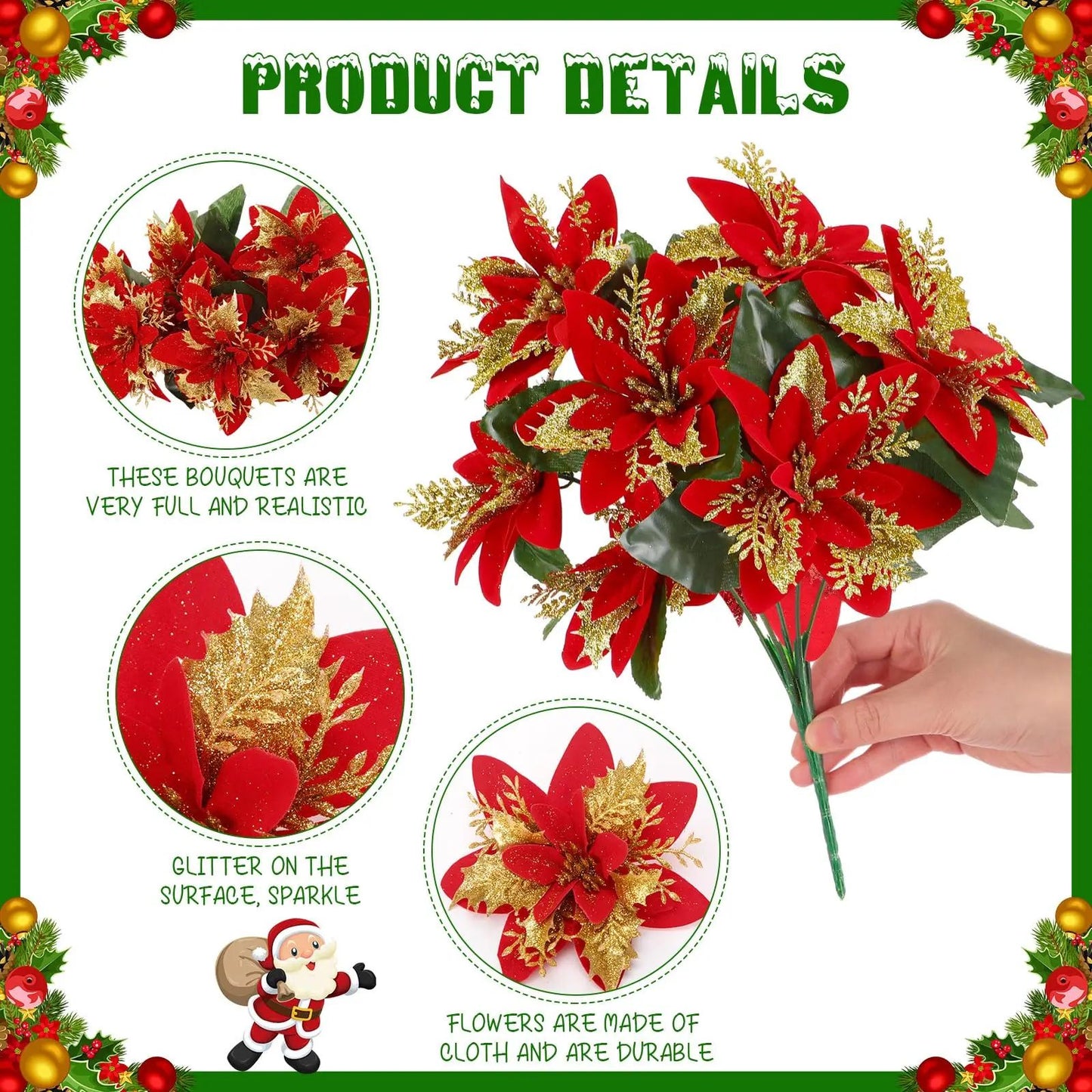 Festive Poinsettia Glitter Flower Bouquet  Premium Artificial Christmas Flowers For Holiday Home  T 5