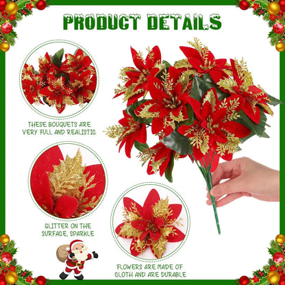 Festive Poinsettia Glitter Flower Bouquet  Premium Artificial Christmas Flowers For Holiday Home  T 5