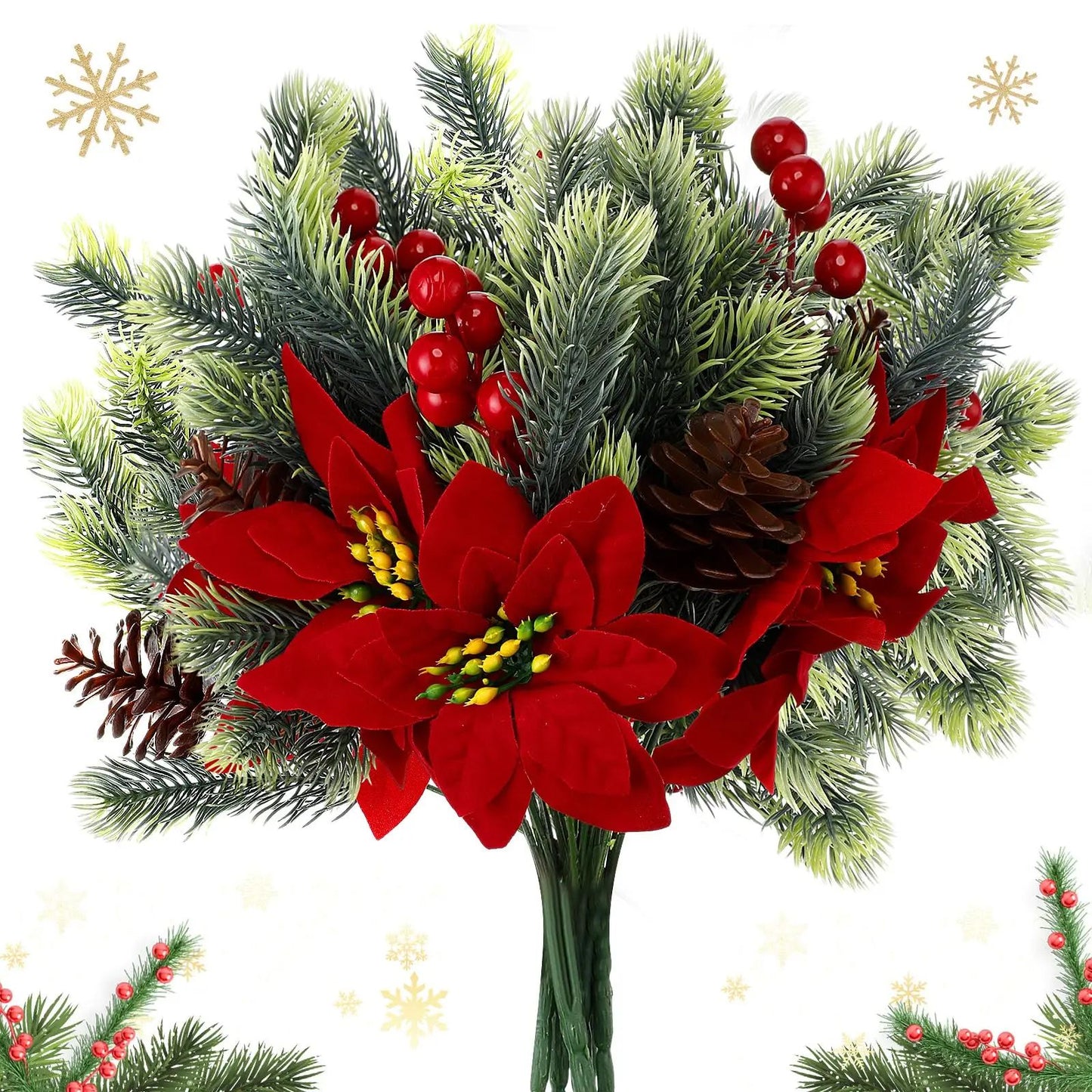 Festive Poinsettia & Pine Holiday Floral Decor Set - Premium Table Centerpiece for Christmas Parties