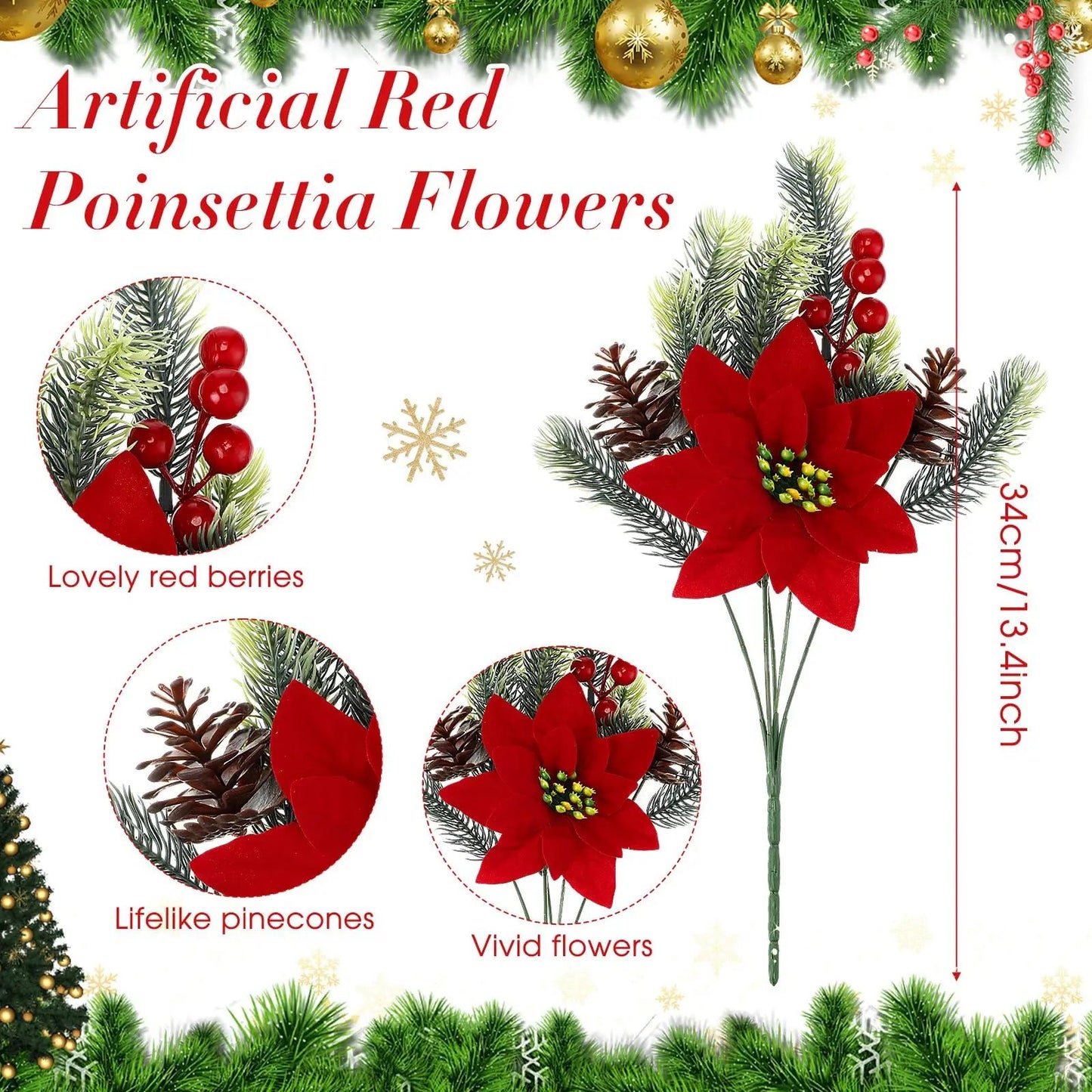 Festive Poinsettia  Pine Holiday Floral Decor Set  Premium Table Centerpiece For Christmas Parties 2