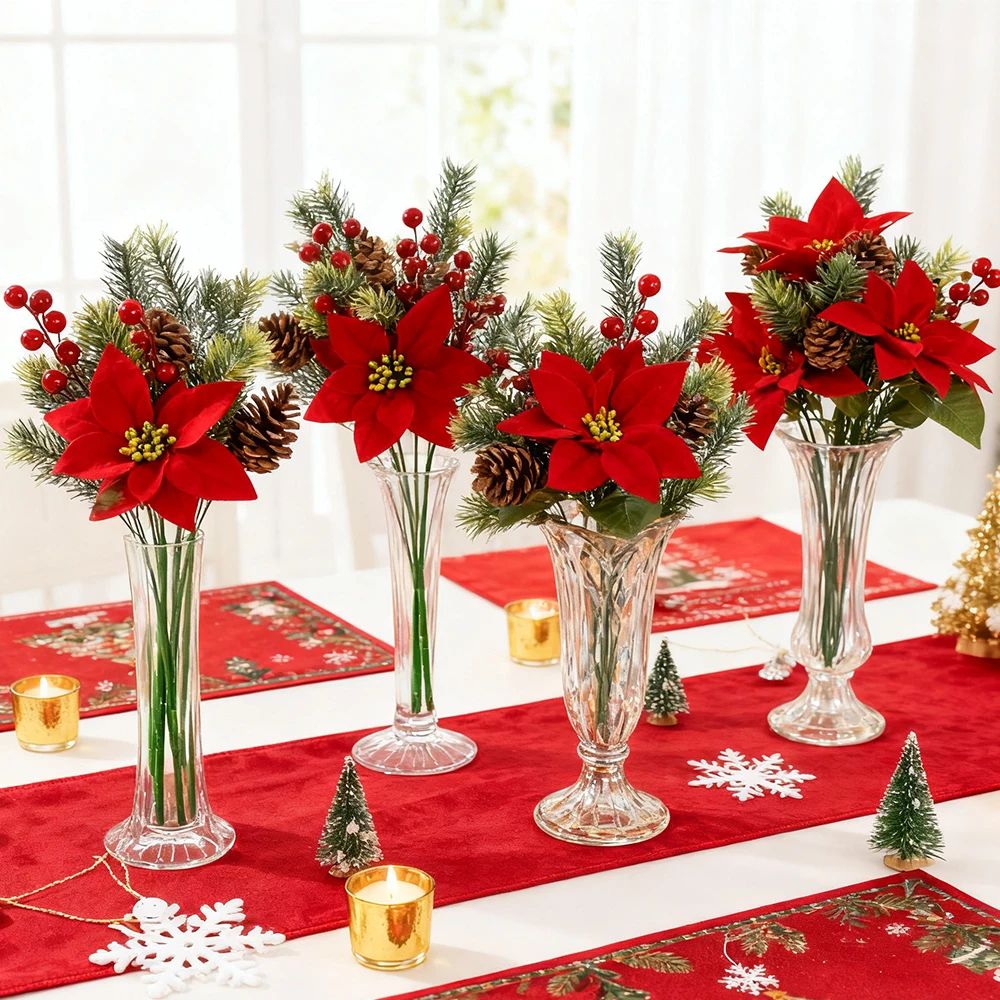Festive Poinsettia  Pine Holiday Floral Decor Set  Premium Table Centerpiece For Christmas Parties 4