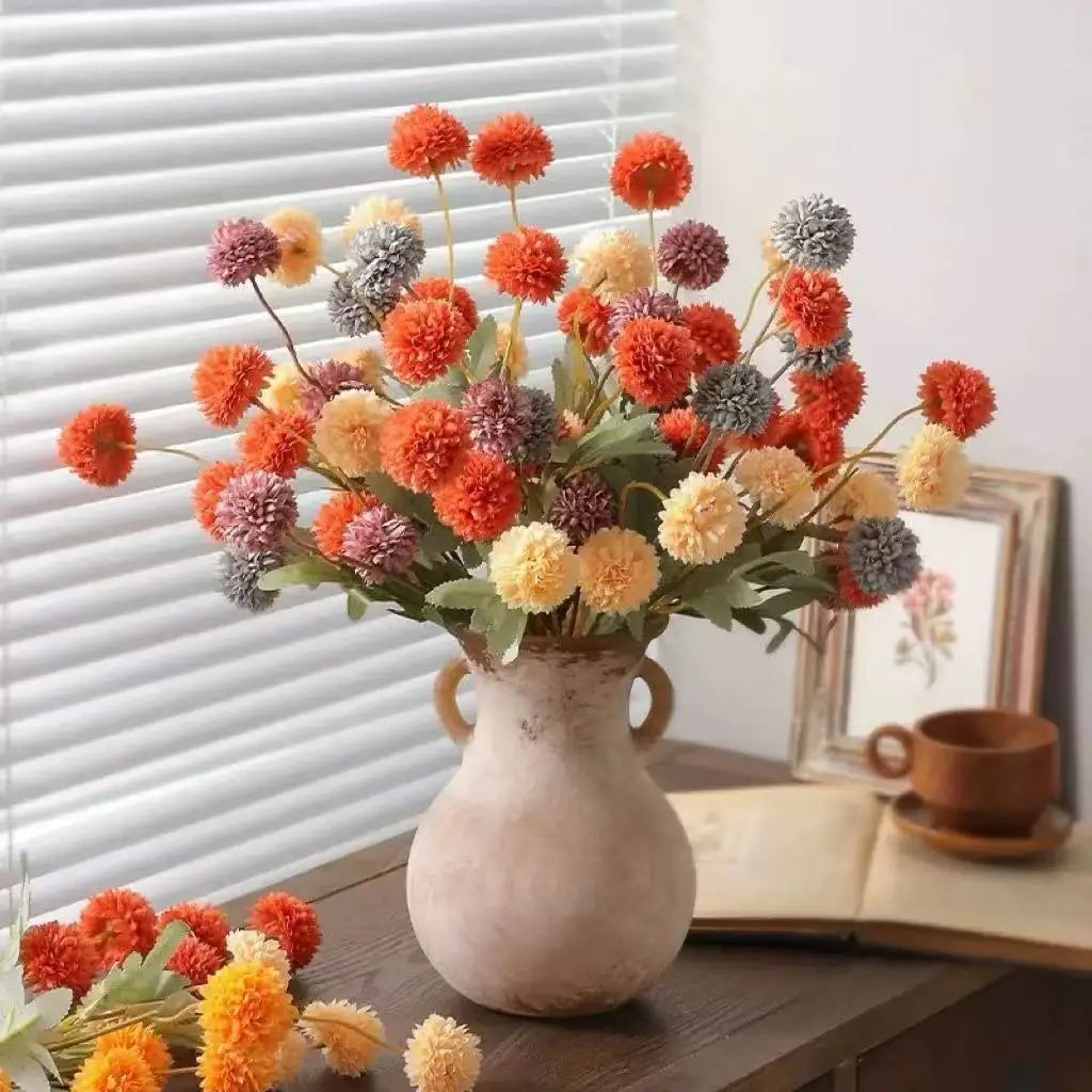 Elegant Faux Pompon Mum Stems – Realistic Autumn Chrysanthemum Ball Flowers for Bouquets & Home Decor