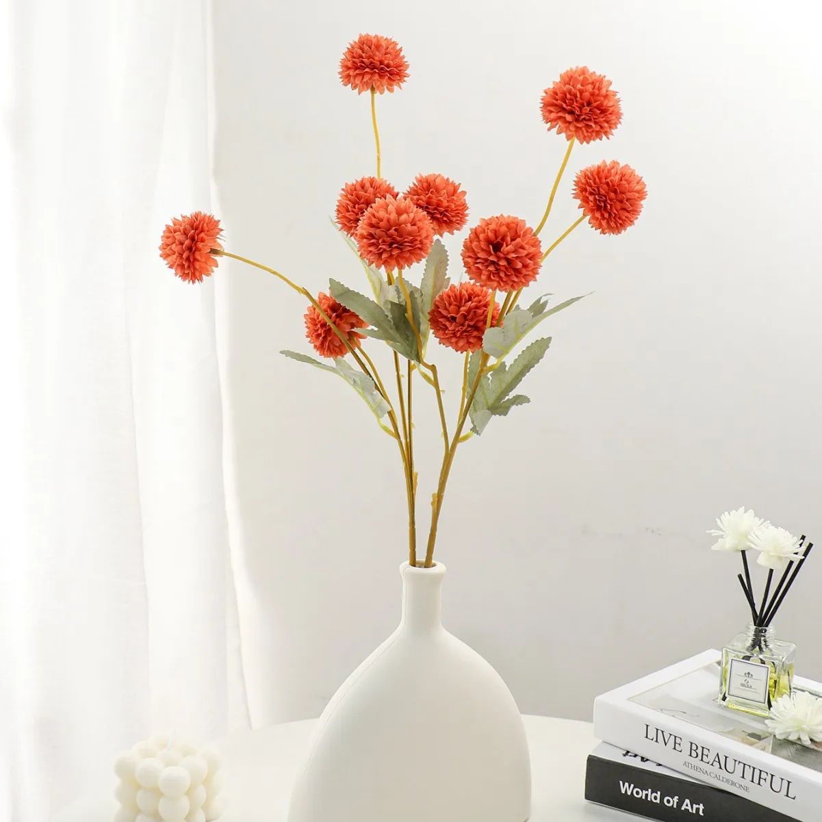 Elegant Faux Pompon Mum Stems  Realistic Autumn Chrysanthemum Ball Flowers For Bouquets  Home Decor 4
