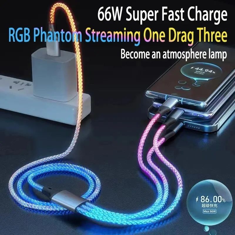 UltraCharge 6A Fast Charging 3 In 1 Charging Cable With RGB Light  Universal MultiDevice Sync  Powe 1