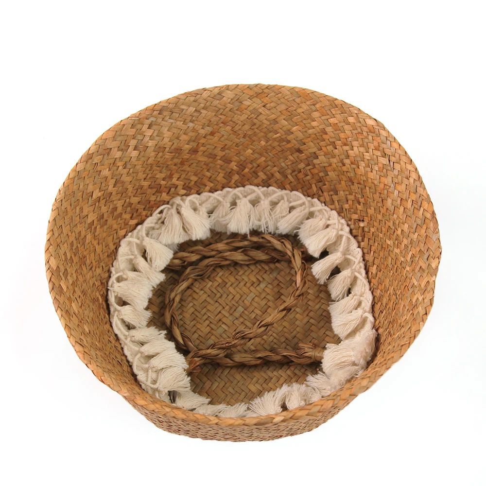 Macrame Seagrass Belly Basket With Tassels  Woven Storage Basket For Laundry Toys Plants  Home Deco 1