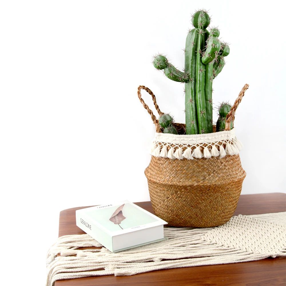 Macrame Seagrass Belly Basket With Tassels  Woven Storage Basket For Laundry Toys Plants  Home Deco 2